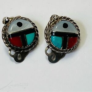 OLD ZUNI SUNFACE INLAID TURQUOISE CORAL MOP JET CLIP ON EARRINGS 925 SILVER